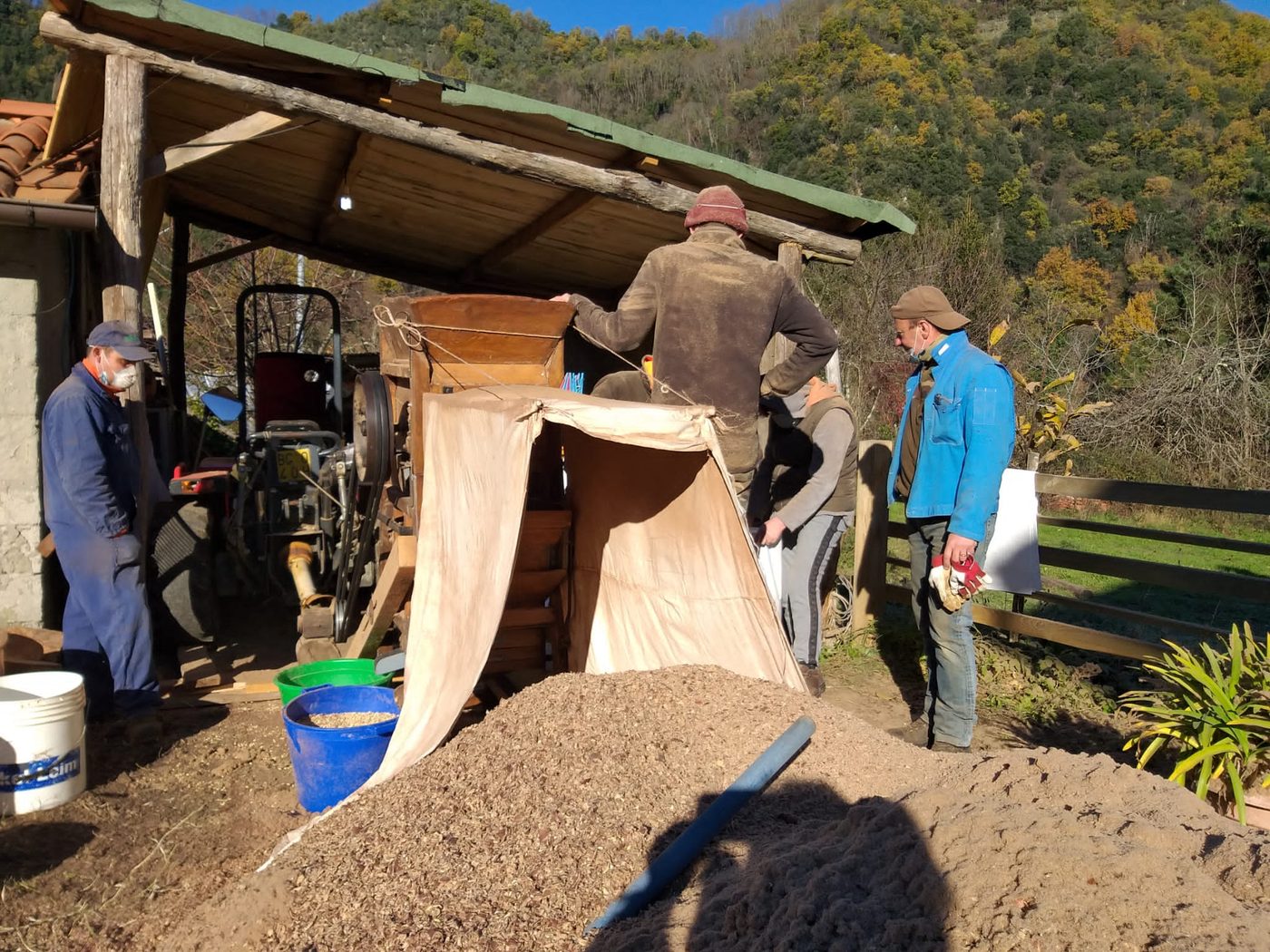 Lavorazione delle castagne sotto la tettoia di famiglia