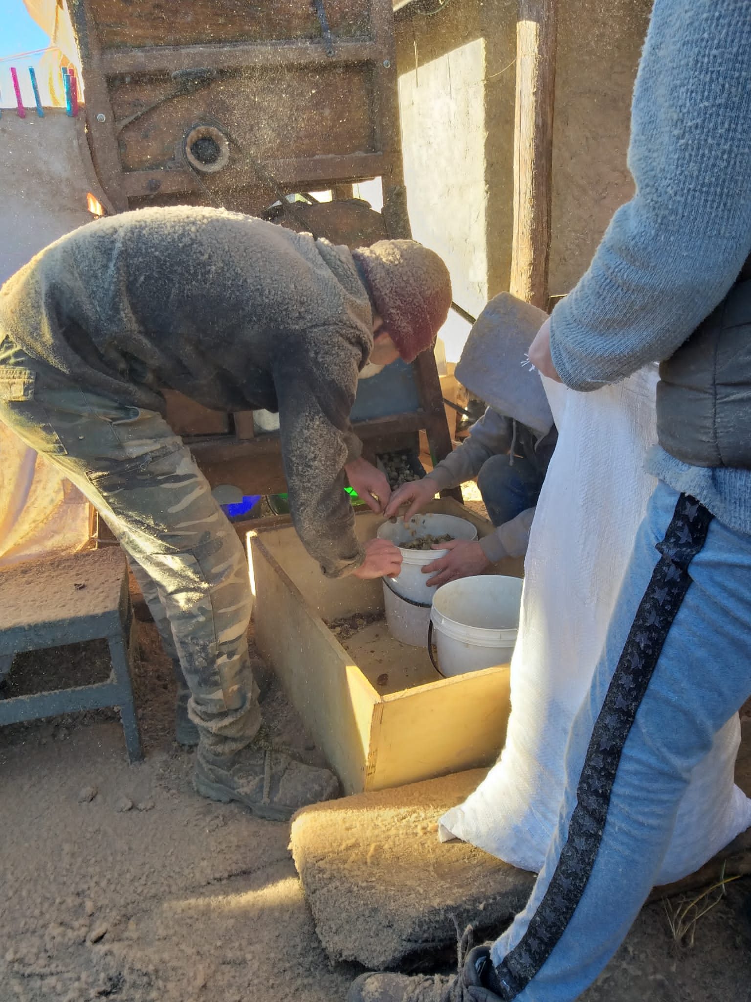 Lavorazione delle castagne sotto la tettoia di famiglia